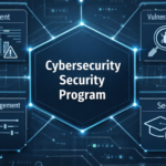 Diagram showing the core components of a cybersecurity security program including risk assessment, vulnerability management, configuration management, security training, and governance.