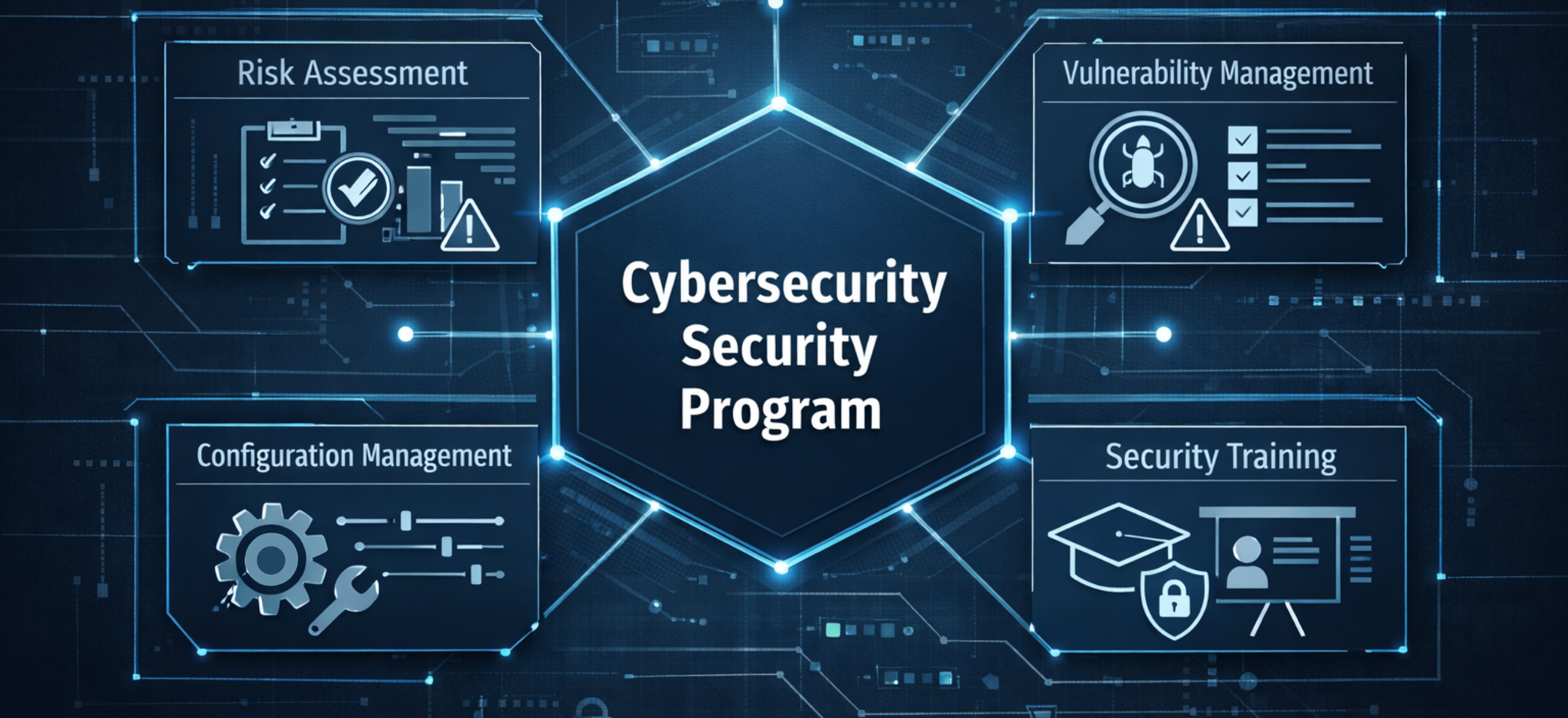 Diagram showing the core components of a cybersecurity security program including risk assessment, vulnerability management, configuration management, security training, and governance.